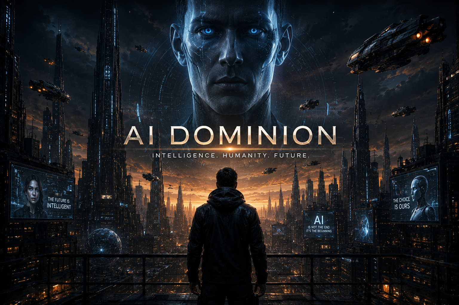 AI Dominion cinematic city and virtual character artwork