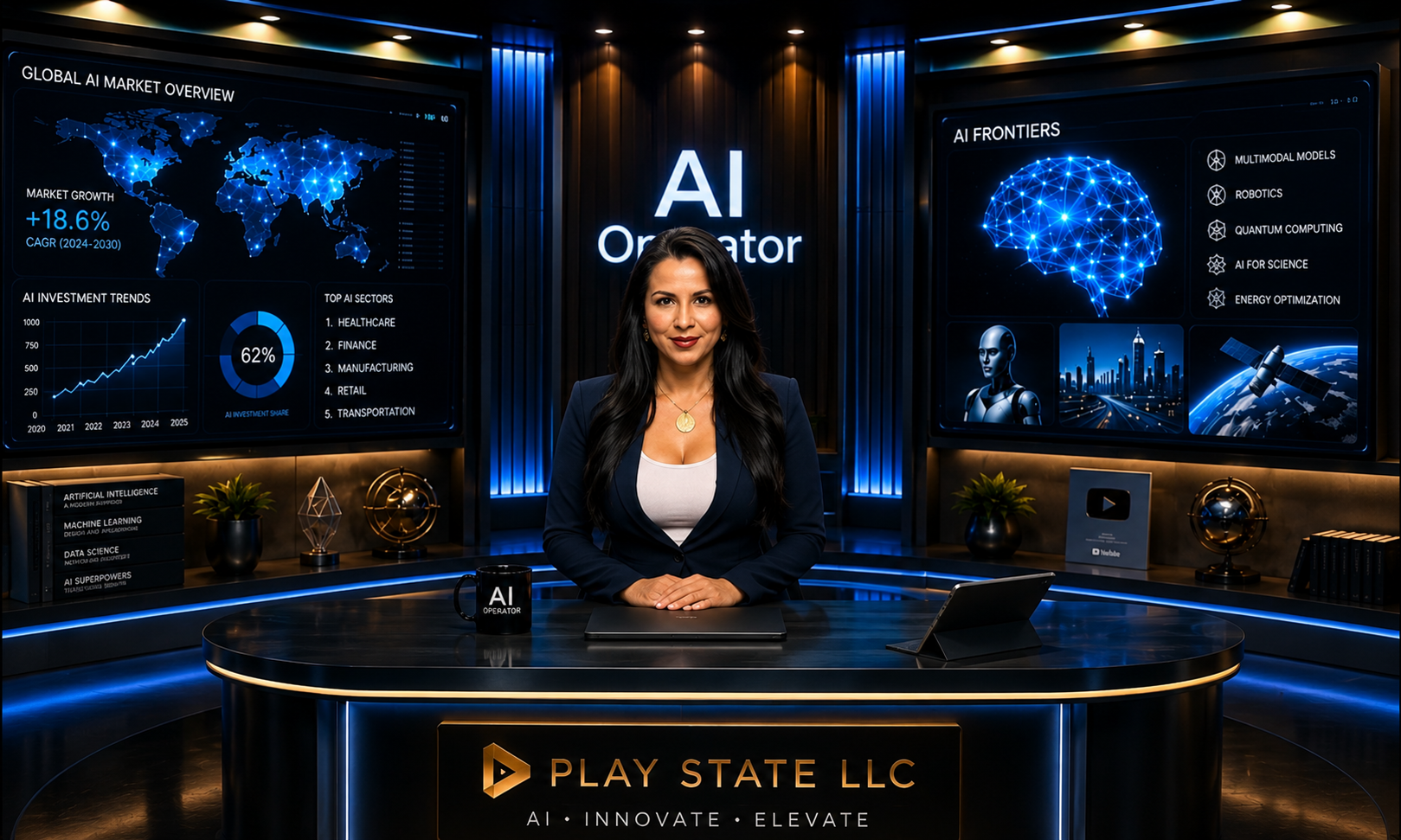 AI Operator virtual presenter Elara in a blue and gold technology studio